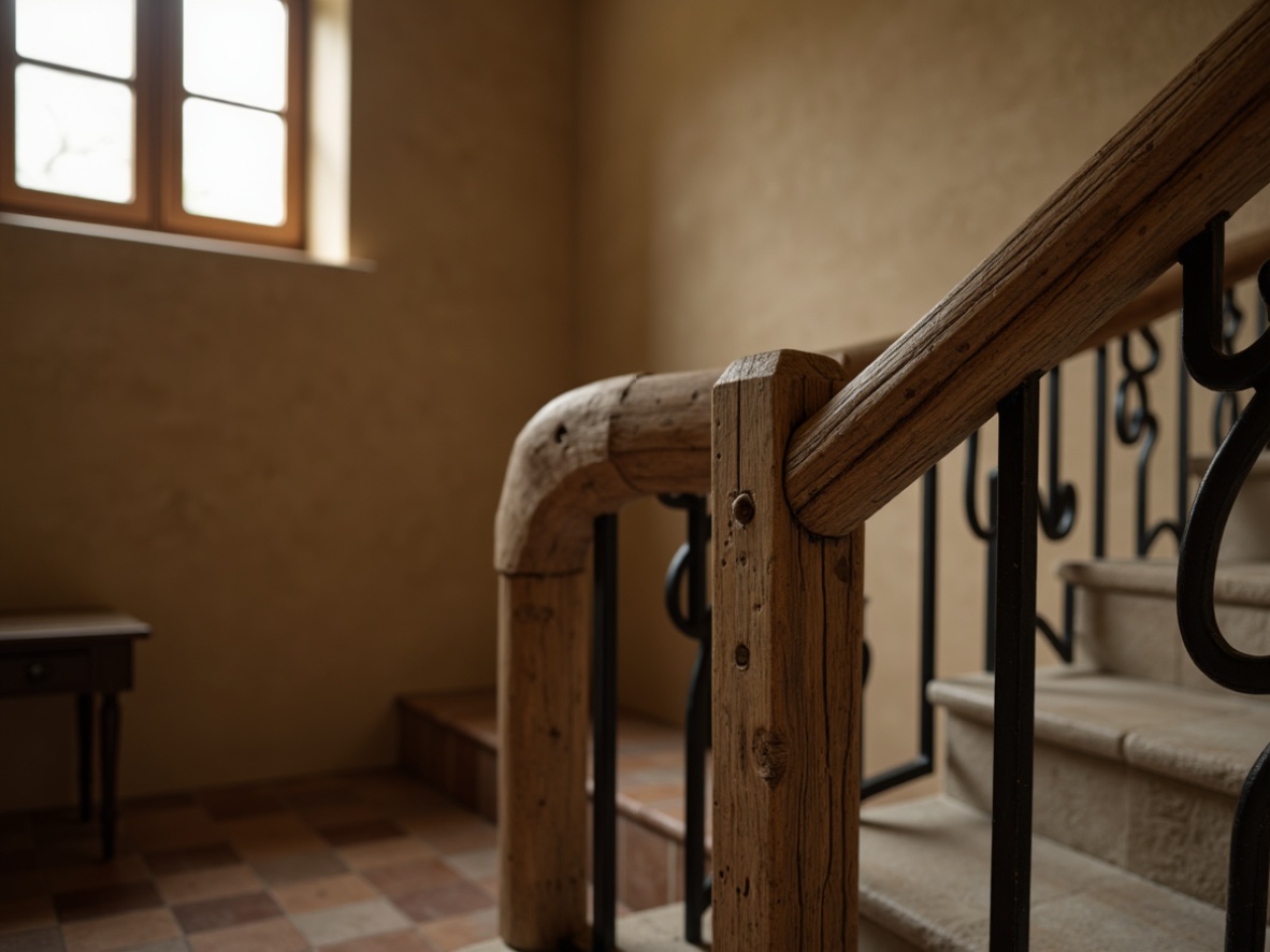 Prompt: Rustic wooden handrail, worn distressed finish, ornate metal balusters, curved staircase silhouette, warm beige stone walls, earthy tone floorings, natural light pouring in, soft warm glow, shallow depth of field, 1/1 composition, realistic textures, ambient occlusion, traditional vernacular style, cozy intimate atmosphere, richly detailed carvings, intricate woodwork patterns.