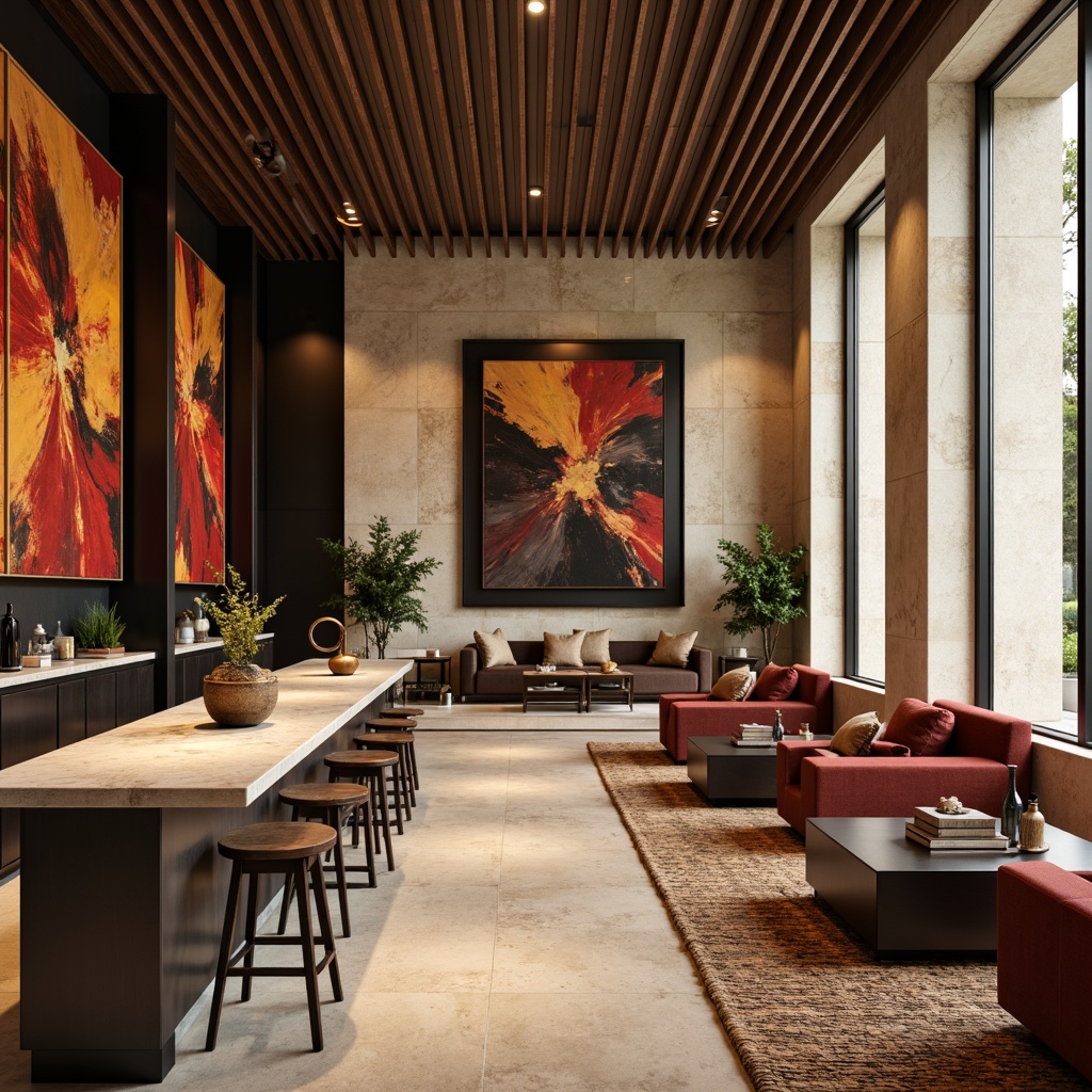 Prompt: Luxurious modern interior, sleek metal accents, rich wood grain textures, glossy polished marble countertops, soft velvety upholstery, matte black metal frames, warm beige stone walls, vibrant colorful abstract artwork, natural woven fiber rugs, subtle ambient lighting, 1/1 composition, shallow depth of field, realistic reflections.