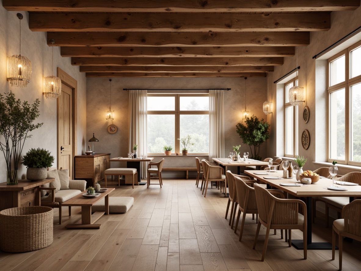 Prompt: Cozy Scandinavian dining hall, warm wooden accents, soft candlelight, pendant lamps, rustic chandeliers, minimalist lighting fixtures, natural stone walls, light wood flooring, floor-to-ceiling windows, sheer white curtains, Nordic-inspired furniture, vintage decorative items, warm beige color palette, soft diffused light, 1/1 composition, shallow depth of field, realistic textures, ambient occlusion.