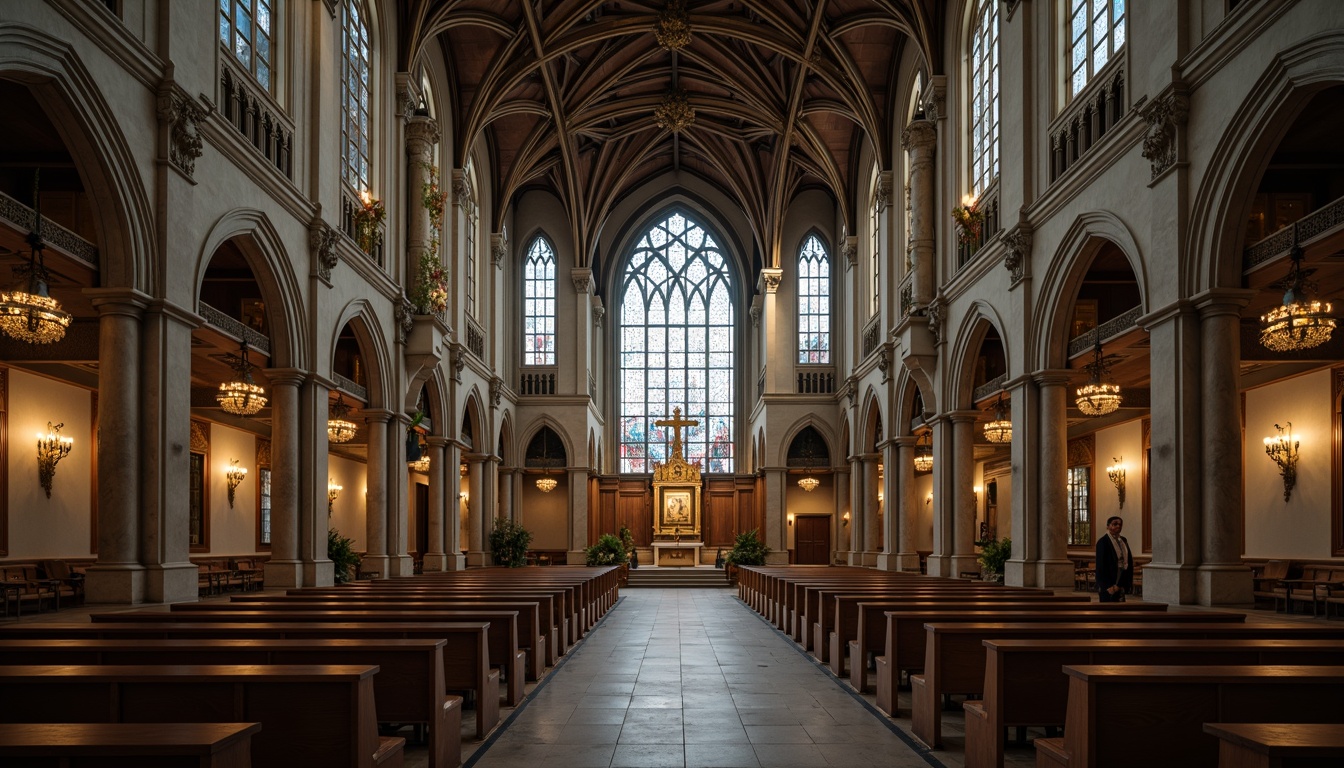 Prompt: Elegant Gothic cathedral, vaulted ceilings, grandiose stained glass windows, intricate stone carvings, rich wooden pews, ornate chandeliers, subtle acoustic panels, sound-absorbing materials, minimalistic design, neutral color palette, soft warm lighting, high ceiling heights, dramatic arches, mystical ambiance, eerie shadows, cinematic composition, 1/2 perspective, atmospheric rendering, detailed textures.