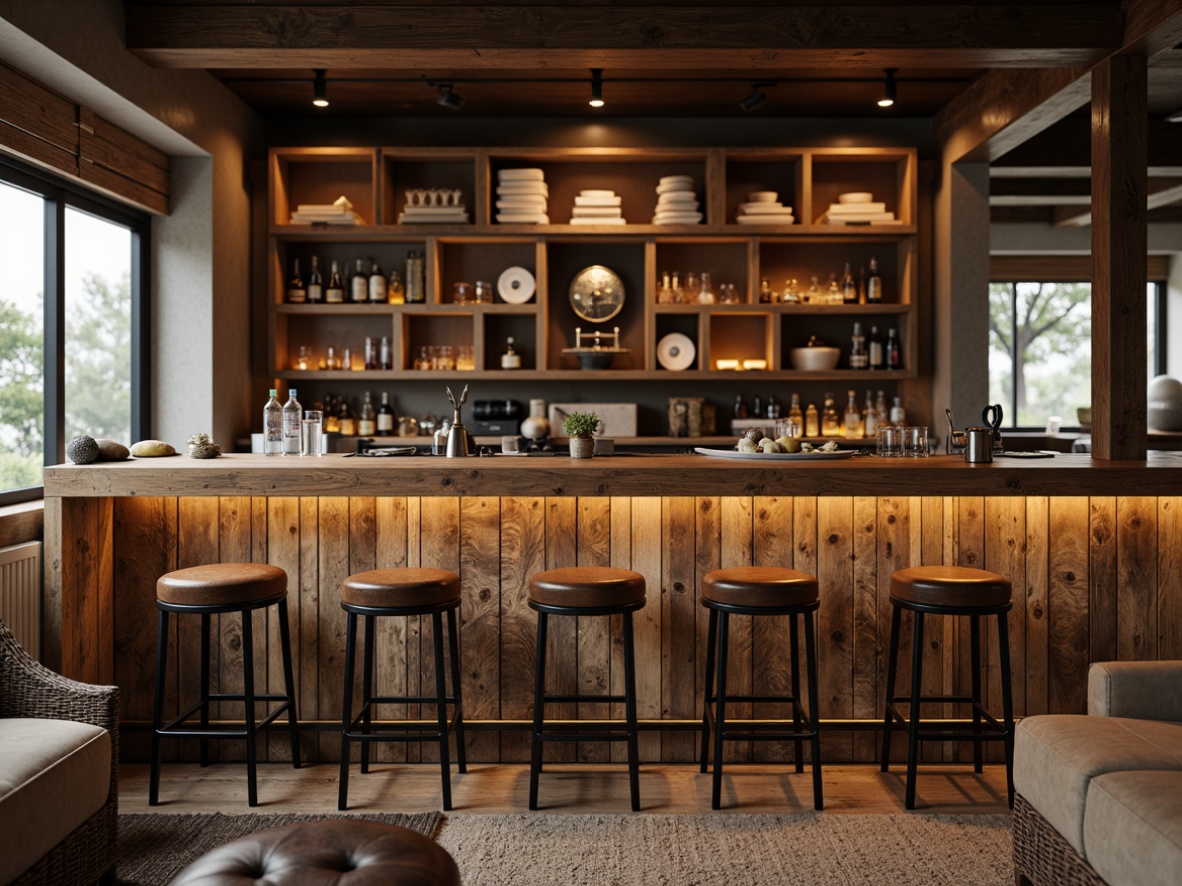 Prompt: Rustic wooden bar, vintage metal stools, distressed leather upholstery, reclaimed wood accents, industrial metal lighting, earthy color palette, natural stone countertops, woven wicker furniture, comfortable cushioning, rich fabric textures, cozy atmosphere, soft warm glow, shallow depth of field, 1/1 composition, realistic rendering.