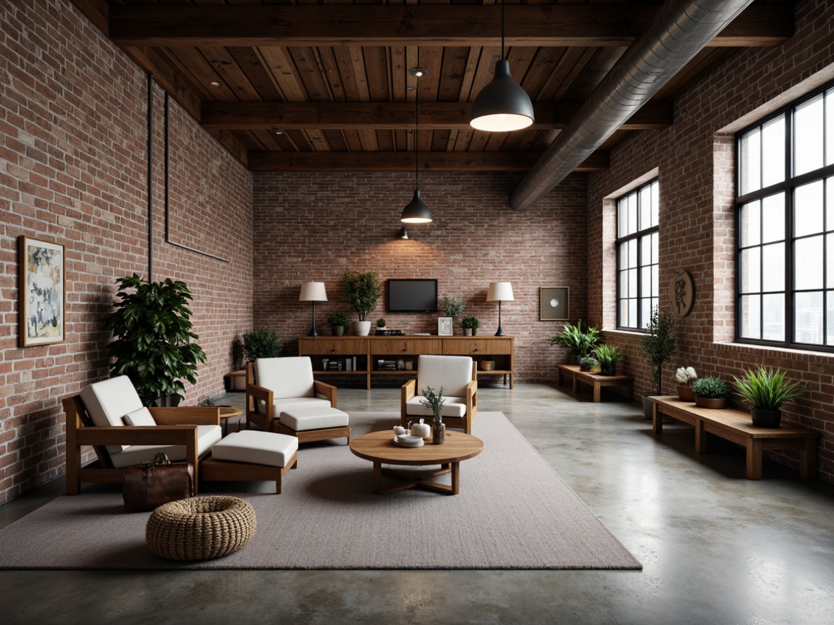 Prompt: Exposed brick walls, metal beams, reclaimed wood accents, polished concrete floors, industrial-style lighting fixtures, steel-framed windows, modern minimalist decor, urban loft atmosphere, converted warehouse space, distressed textures, gritty urban feel, dramatic high ceilings, functional pipe work, neutral color palette, functional design elements, eclectic decorative pieces, vintage machinery parts, rustic metal tones, edgy contemporary vibe, cinematic low-key lighting, shallow depth of field, 2/3 composition.