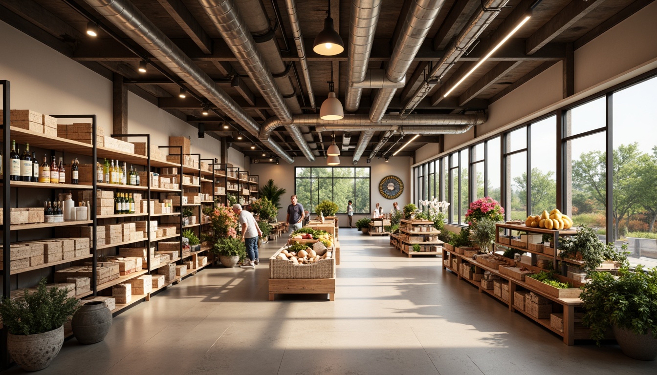 Prompt: Simple grocery store interior, natural materials, reclaimed wood shelves, industrial metal racks, exposed ductwork, polished concrete floors, soft warm lighting, subtle color palette, minimal decorative elements, functional fixtures, track lighting, pendant lamps, LED strips, ambient occlusion, shallow depth of field, 3/4 composition, realistic textures, airy atmosphere, calm ambiance, morning light, gentle shadows.