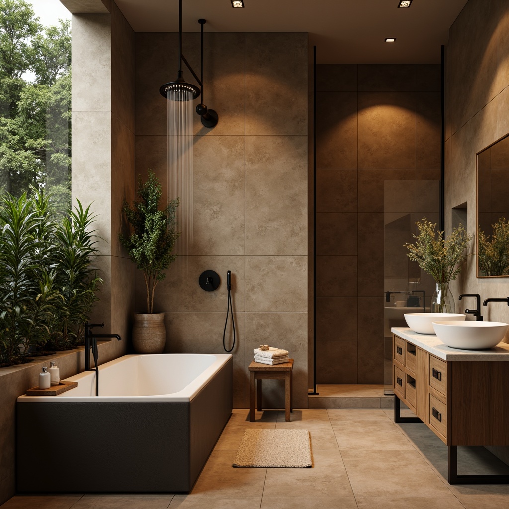 Prompt: Luxurious bathroom, freestanding tub, rain showerhead, warm brown stone walls, matte black fixtures, sleek chrome accents, ambient soft lighting, natural textures, earthy tone color palette, spa-inspired atmosphere, elegant minimalist design, wall-mounted sink, wooden cabinetry, marble countertops, botanical elements, lush greenery, serene ambiance, shallow depth of field, 1/1 composition, realistic reflections.