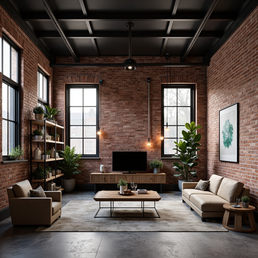 Prompt: Exposed brick walls, industrial metal beams, polished concrete floors, functional minimalist furniture, steel shelving units, reclaimed wood accents, Edison bulb lighting, raw unfinished textures, urban loft atmosphere, brutalist architectural style, modern factory conversion, open-plan living space, eclectic decorative objects, abstract art pieces, metallic color palette, bold geometric patterns, high-contrast lighting, dramatic shadows, 1/1 composition, cinematic mood, realistic material rendering.