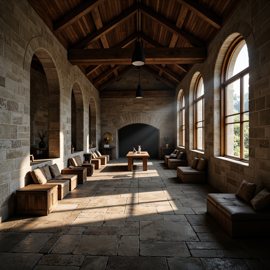 Prompt: Rustic monastery setting, exposed wooden beams, distressed stonewalls, vaulted ceilings, industrial metal accents, reclaimed wood furniture, dim warm lighting, natural stone flooring, worn brick archways, minimalist decor, eerie silence, dramatic shadows, high contrast ratio, cinematic composition, atmospheric misting, soft focus blur, realistic textures.