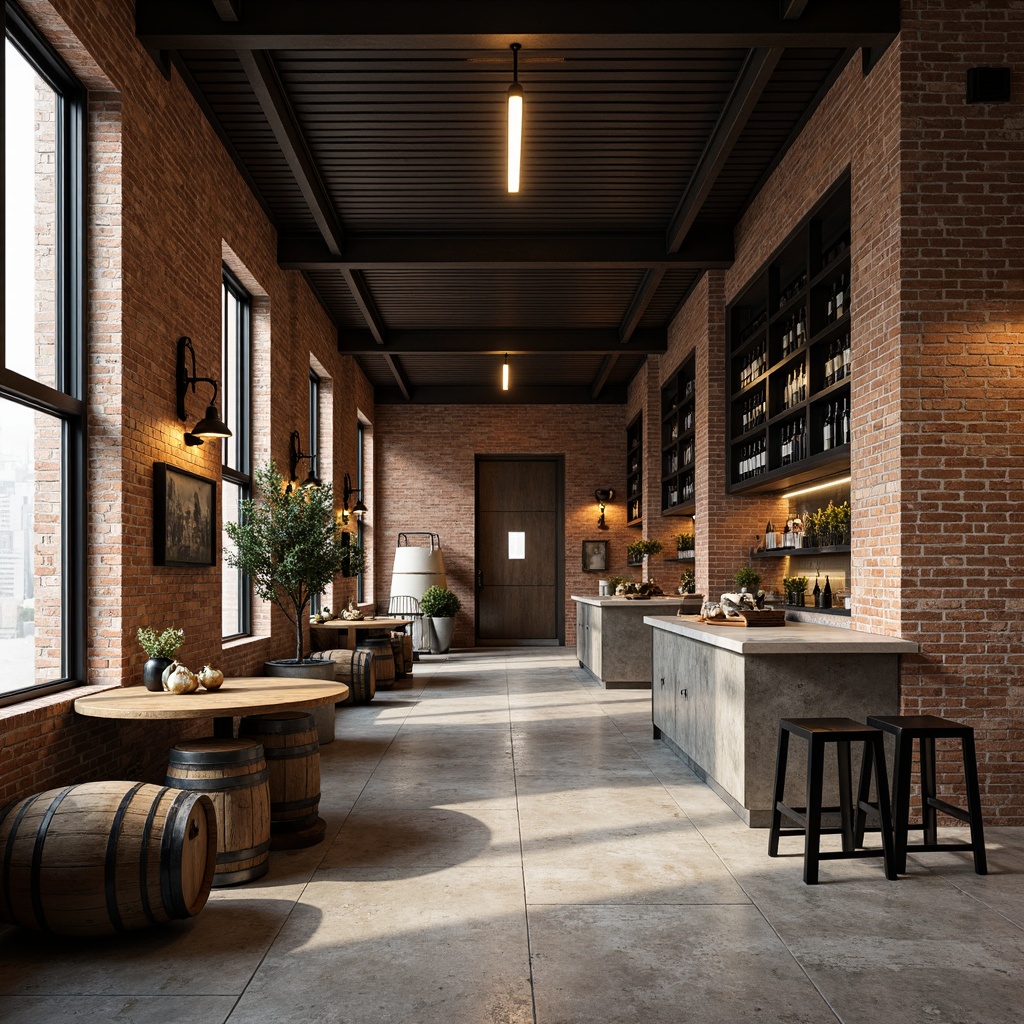 Prompt: Exposed brick walls, industrial metal beams, reclaimed wood accents, rustic stone floors, vintage wine barrels, metal wine racks, modern minimalist lighting, urban loft-style windows, concrete countertops, distressed wooden tables, eclectic mix of industrial and natural textures, warm earthy color palette, dramatic high ceilings, functional open spaces, sleek steel doors, subtle industrial patterns, ambient soft lighting, shallow depth of field, 3/4 composition, realistic rendering.