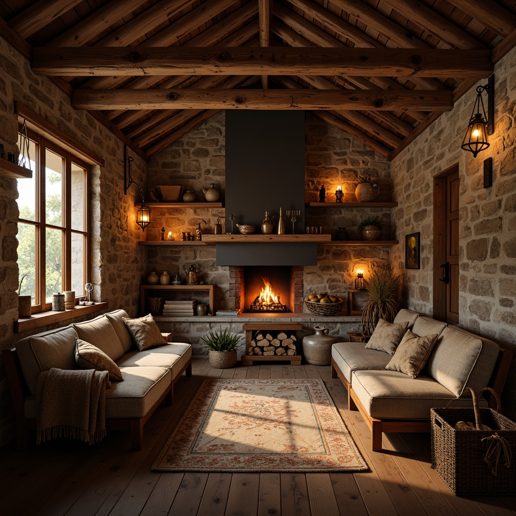 Prompt: Rustic cabin, wooden beams, stone walls, earthy tones, warm ambiance, soft candlelight, pendant lanterns, metal chandeliers, distressed wood accents, vintage metalware, natural textiles, woven baskets, cozy fireplaces, crackling flames, warm golden lighting, shallow depth of field, 1/2 composition, realistic shadows, ambient occlusion.