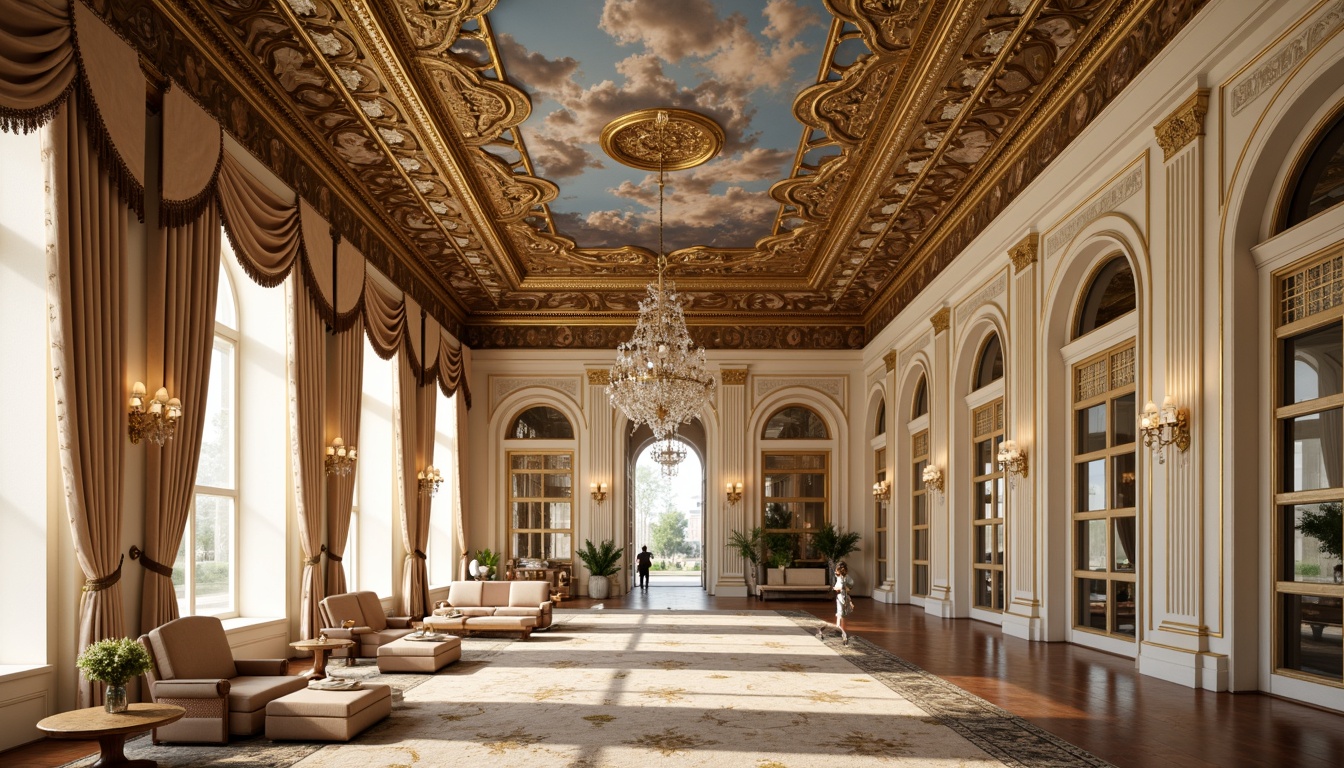 Prompt: Ornate ceiling murals, gold leaf accents, crystal chandeliers, intricate moldings, Baroque-inspired frescoes, soft cream colors, lavish draping fabrics, ornamental plasterwork, gilded frames, delicate stucco details, Rococo-style cartouches, opulent coving, grandiose proportions, dramatic lighting effects, rich velvet textures, luxurious furnishings, antique furniture pieces, French Renaissance influences, 3/4 composition, shallow depth of field, warm golden lighting.