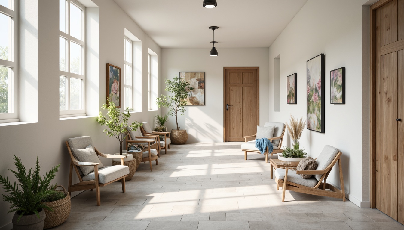 Prompt: Light-filled Scandinavian-style hall, creamy whites, warm beige tones, soft grays, calming blues, natural wood accents, minimalist decor, sleek lines, functional furniture, cozy textiles, woven baskets, potted greenery, industrial metal lighting, soft diffused light, 1/1 composition, shallow depth of field, realistic textures, ambient occlusion.