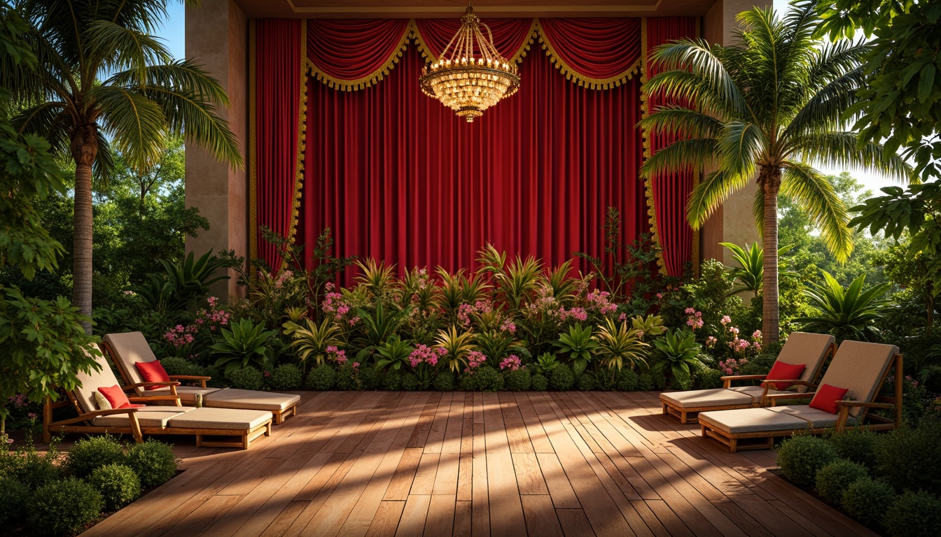 Prompt: Vibrant tropical colors, lush greenery, exotic flowers, wooden stage floor, ornate proscenium arch, grand chandelier, plush red velvet curtains, golden accents, intricate carvings, curved lines, natural textiles, woven bamboo seats, rattan furniture, warm soft lighting, shallow depth of field, 3/4 composition, panoramic view, realistic textures, ambient occlusion.