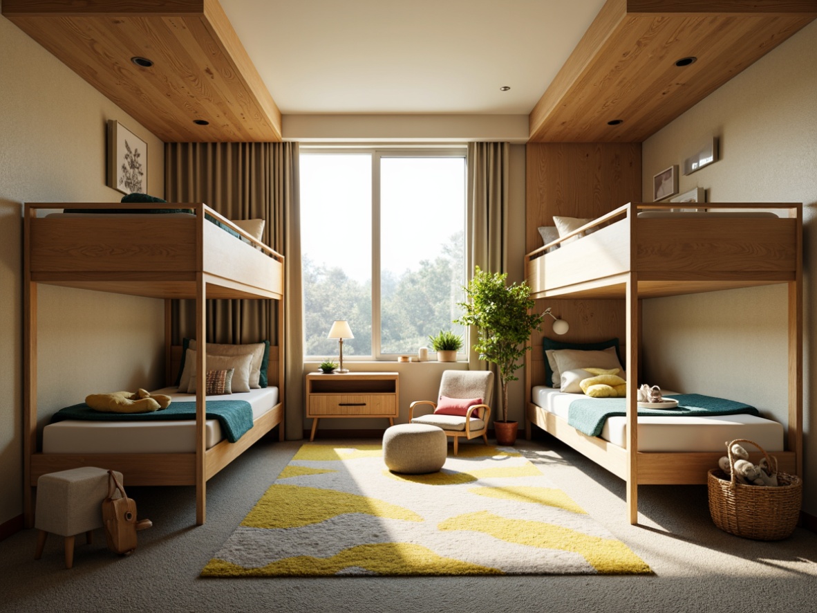 Prompt: Vibrant college dormitory, warm beige walls, rich wood accents, cozy carpeted floors, modern minimalist furniture, comfortable plush bedding, calming blue tones, soothing green hues, energetic yellow highlights, natural light pouring in, large windows, soft box lighting, 3/4 composition, relaxed atmosphere, peaceful ambiance, youthful energy.