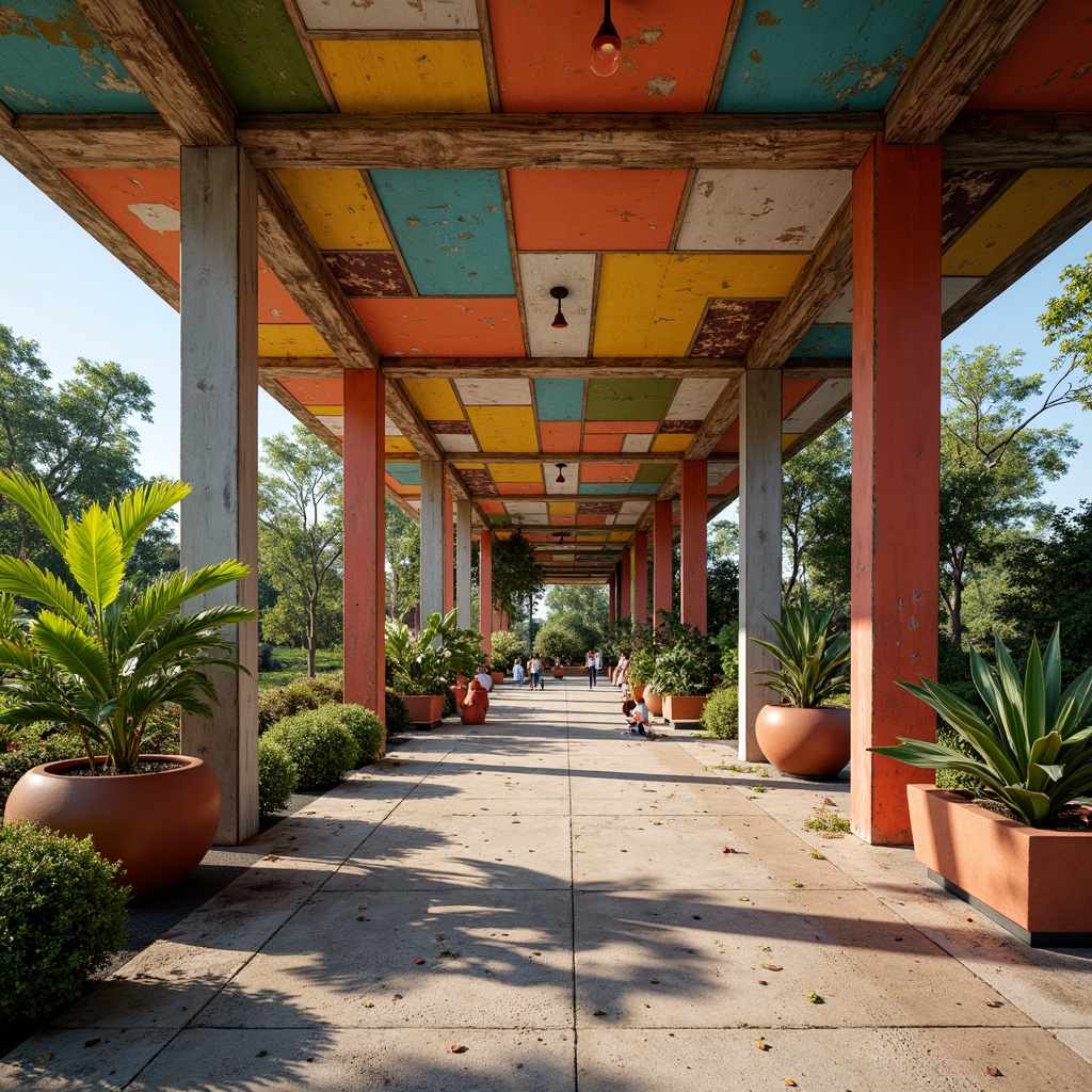 Prompt: Vibrant pavilion, irregular shapes, fragmented forms, bold colors, eclectic patterns, mixed materials, rough concrete surfaces, distressed wood textures, metallic accents, abstract sculptures, oversized planters, lush greenery, tropical plants, warm ambient lighting, soft shadows, shallow depth of field, 2/3 composition, asymmetrical balance, playful atmosphere, whimsical details.