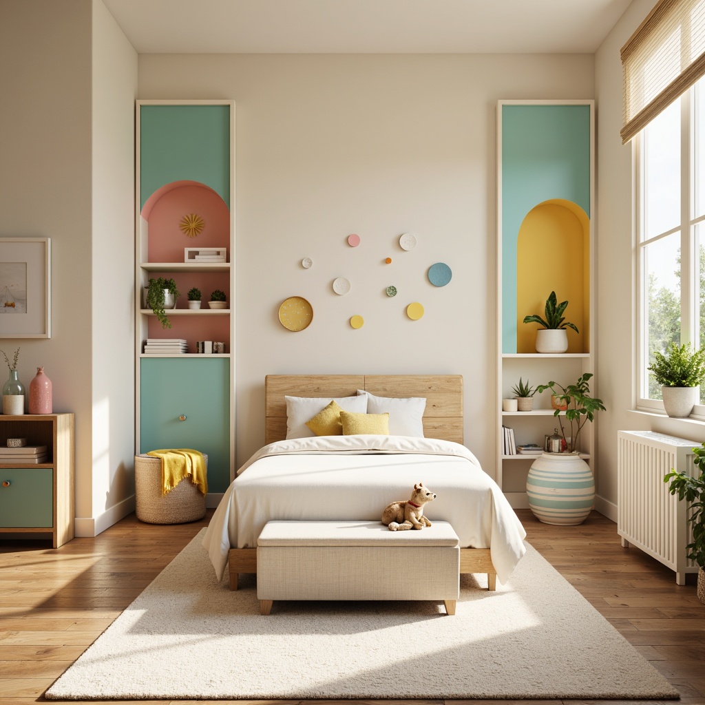 Prompt: Whimsical kids' bedroom, soft pastel colors, calming beige walls, gentle cream furniture, playful turquoise accents, vibrant yellow decorations, sweet pink hues, cozy reading nooks, plush carpet flooring, natural wood textures, cheerful polka dots, subtle striped patterns, warm sunny lighting, shallow depth of field, 1/2 composition, intimate atmosphere.