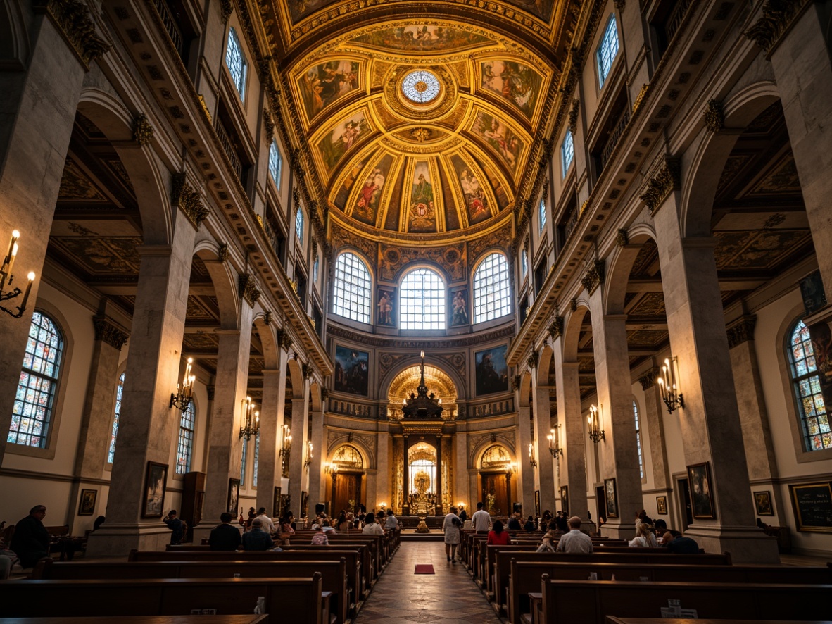 Prompt: Intricate stone carvings, ornate golden domes, grandiose vaulted ceilings, majestic stained glass windows, elegant archways, refined Corinthian columns, lavish frescoes, ornamental flower patterns, sacred religious symbols, subtle natural light, warm candlelight, dramatic chiaroscuro, high-contrast lighting, shallow depth of field, 2/3 composition, symmetrical framing, detailed textures, ambient occlusion.