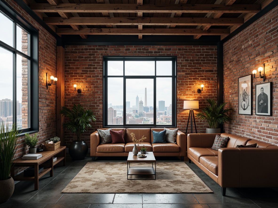 Prompt: Industrial chic loft interior, exposed brick walls, metal beams, reclaimed wood accents, urban cityscape views, neutral color palette, weathered concrete floors, distressed leather furniture, Edison bulb lighting, modern minimalist decor, rich textures, earthy tones, moody atmosphere, warm ambient glow, shallow depth of field, 1/1 composition, realistic renderings.