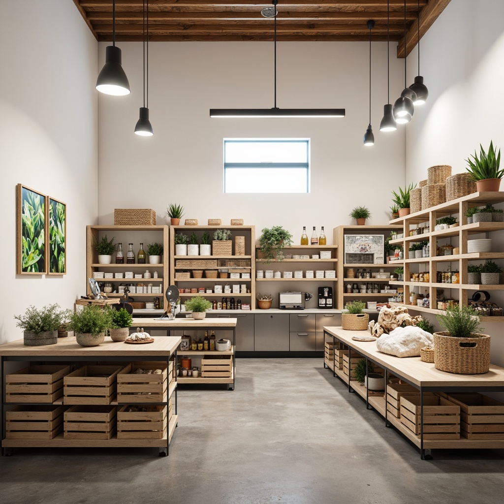 Prompt: Minimalist grocery store interior, clean white walls, polished concrete floors, industrial metal shelving, simple wooden crates, sparse product displays, plenty of negative space, soft warm lighting, subtle shadows, shallow depth of field, 1/1 composition, realistic textures, ambient occlusion, urban loft-inspired decor, reclaimed wood accents, stainless steel countertops, modern appliances, eco-friendly packaging, natural fiber baskets, botanical prints, earthy color palette, calm atmosphere.