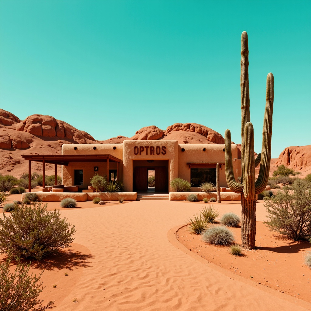 Prompt: Vibrant desert landscape, warm sandy dunes, cacti silhouettes, turquoise blue skies, adobe architectural style, earthy red rock formations, rusty metal accents, distressed wood textures, woven Native American patterns, bold geometric shapes, terracotta pottery inspirations, soft warm lighting, shallow depth of field, 1/1 composition, panoramic view, realistic sandstorm effects, ambient occlusion.