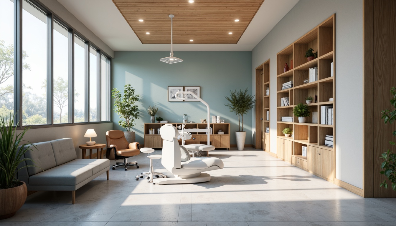 Prompt: Minimalist dental clinic, Nordic-inspired interior, soft warm lighting, natural wood accents, pale blue walls, light gray floors, modern Scandinavian furniture, sleek metal equipment, minimalist decor, green plants, floor-to-ceiling windows, indirect overhead lighting, table lamps, soft shadows, 1/1 composition, realistic textures, ambient occlusion.