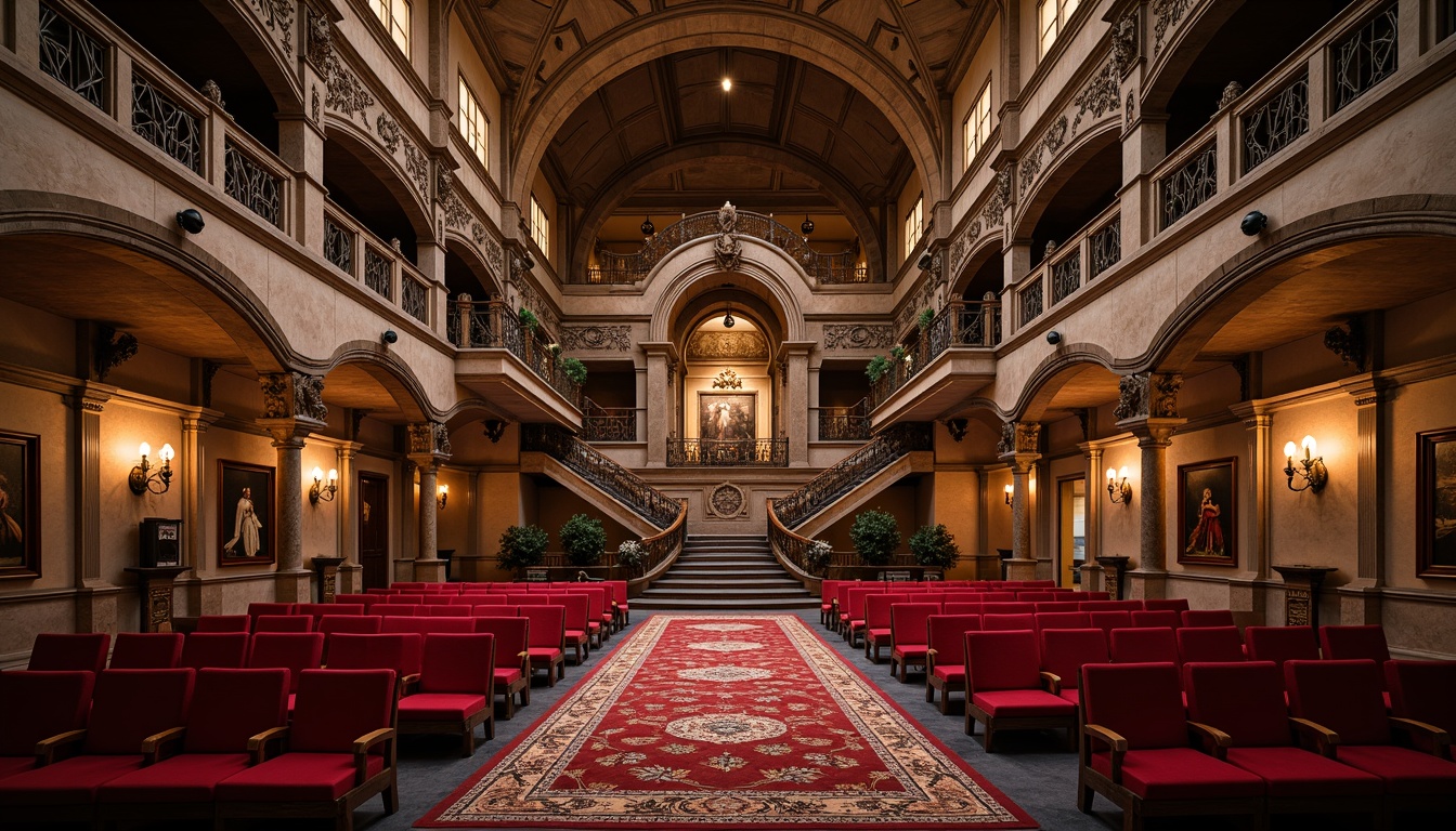 Prompt: Majestic amphitheater, gothic arches, ornate stone carvings, grand staircases, crimson red velvet seats, gold accents, intricate wooden patterns, regal atmosphere, warm soft lighting, shallow depth of field, 3/4 composition, symmetrical layout, dramatic shadows, realistic textures, ambient occlusion.