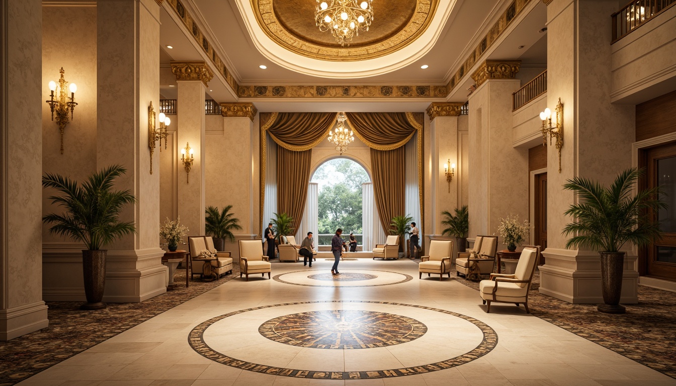 Prompt: Grand hotel entrance, imposing columns, ornate carvings, elegant archways, lavish chandeliers, intricately patterned marble floors, stately staircases, richly upholstered furnishings, opulent drapery, majestic ceiling domes, refined moldings, subtle ornateness, warm beige color palette, soft golden lighting, shallow depth of field, 1/1 composition, realistic textures, ambient occlusion.