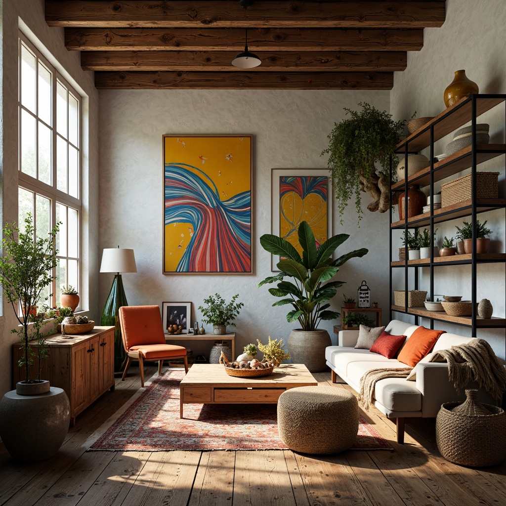 Prompt: Vibrant artistic studio, eclectic furniture, abstract artwork, warm wooden accents, creamy whites, rich blues, bold yellows, deep reds, natural textiles, woven baskets, industrial metal shelves, reclaimed wood floors, bohemian-inspired decor, oversized windows, soft diffused lighting, 1/1 composition, intimate atmosphere, moody shadows.