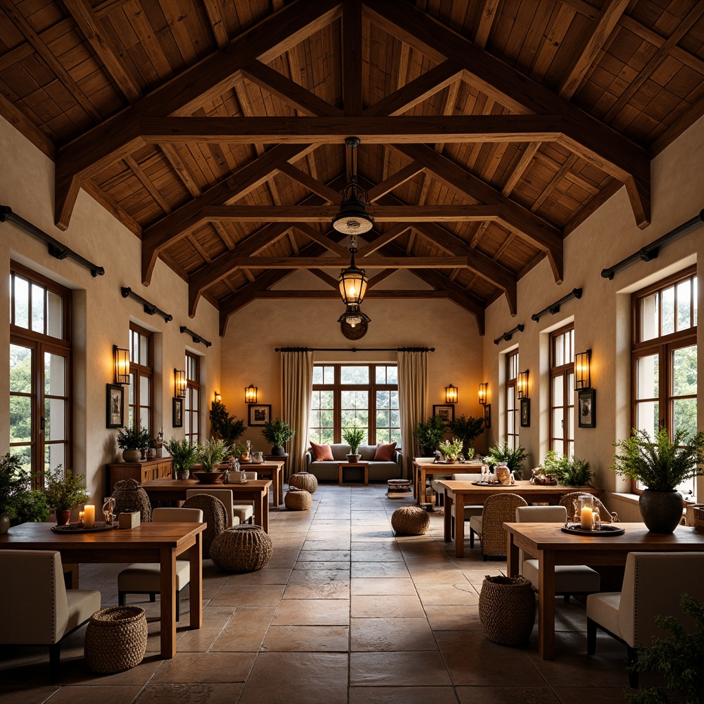 Prompt: Cozy hall, rustic wooden beams, warm candlelight, soft warm glow, pendant lamps, metal lanterns, earthy color palette, natural textiles, woven baskets, handmade crafts, vintage furniture, distressed finishes, rich wood tones, stone walls, archways, decorative trims, ambient lighting, warm color temperatures, high ceilings, large windows, sheer curtains, rustic wooden tables, comfortable seating areas, 1/1 composition, softbox lighting, realistic textures.