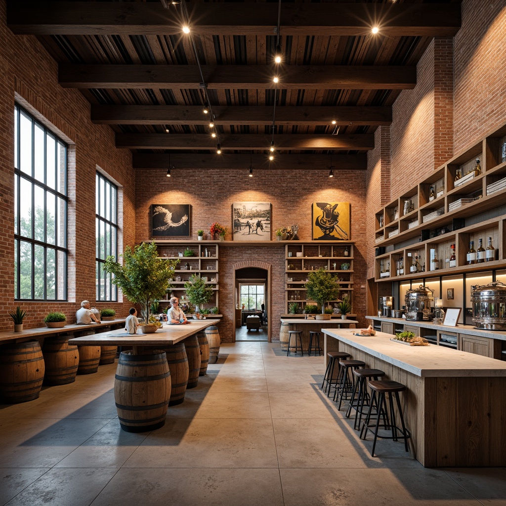 Prompt: Rustic winery interior, exposed brick walls, reclaimed wood accents, metal beam ceilings, industrial-chic lighting fixtures, wine barrel tables, wooden crates shelving, vintage factory windows, distressed concrete floors, earthy color palette, natural stone countertops, metallic equipment displays, fermentation tank decorations, wine-making tool exhibits, modern minimalist chairs, urban loft-inspired atmosphere, high ceilings, abundant natural light, subtle warm lighting, shallow depth of field, 2/3 composition, realistic textures, ambient occlusion.