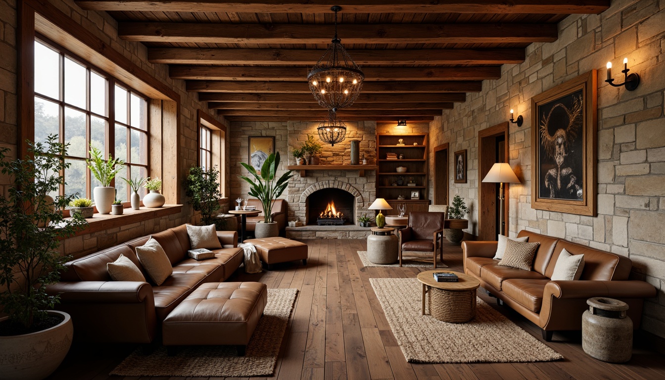 Prompt: Cozy hospitality interior, rustic wood accents, natural stone walls, earthy color palette, plush furnishings, woven textiles, vintage decorative items, warm ambient lighting, wooden ceiling beams, reclaimed wood flooring, rich leather upholstery, ornate metal fixtures, distressed finishes, warm neutral tones, inviting atmosphere, soft background music, 1/2 composition, shallow depth of field, realistic textures, ambient occlusion.