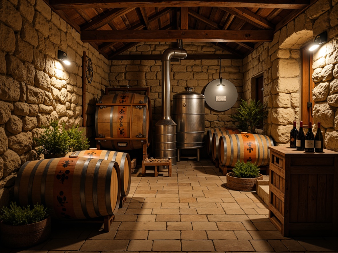 Prompt: Rustic winery, stone walls, wooden barrels, vines, fermentation tanks, oak aging rooms, earthy tones, natural textures, distressed wood, rough-hewn stones, industrial metal equipment, dim warm lighting, shallow depth of field, 1/1 composition, intimate atmosphere, rich aromas, vintage wine bottles, grape leaf patterns, weathered wooden crates, soft warm glow, ambient occlusion.