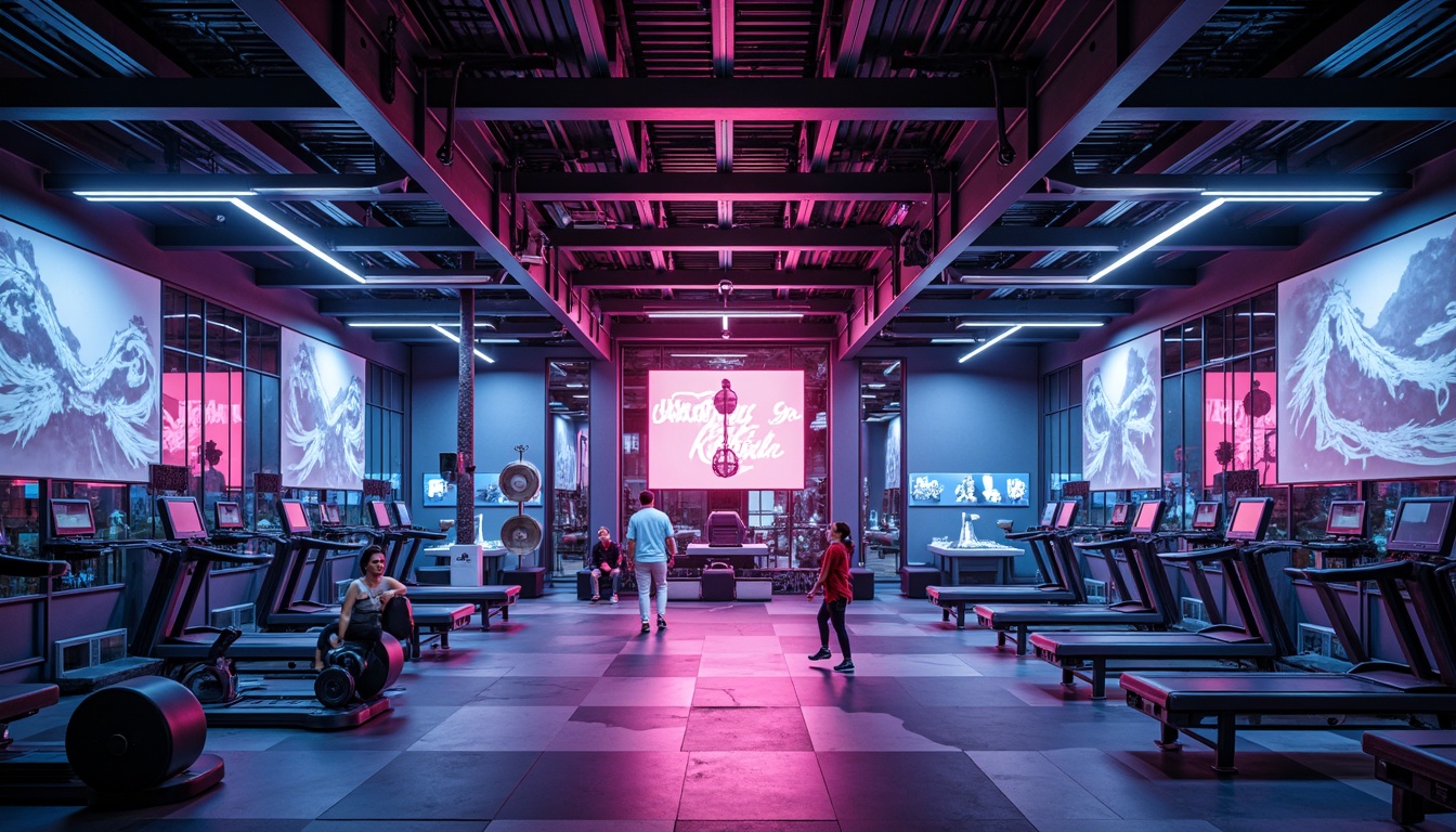 Prompt: Futuristic gym interior, neon-lit ambiance, sleek metal beams, glossy floors, modern exercise equipment, suspended LED lights, color-changing ceiling installations, 3D-projection mapping, immersive audio systems, angular lines, minimalist decor, high-tech gadgetry, motion-sensing lights, kinetic sculptures, holographic displays, virtual fitness coaching, augmented reality mirrors, dynamic shading, 1/2 composition, dramatic spotlights, softbox lighting, cinematic atmosphere.