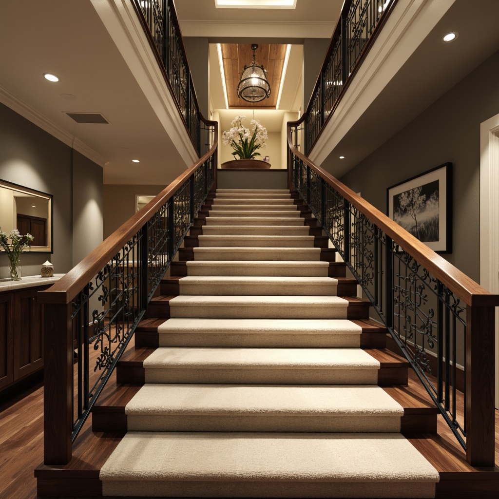 Prompt: Elegant staircase, luxurious carpeted steps, rich wood banisters, ornate metal railings, sophisticated color palette, warm beige tones, cool gray hues, bold accent walls, cream-colored risers, dark-stained handrails, subtle texture contrasts, ambient soft lighting, dramatic shadow effects, 1/1 composition, realistic renderings, atmospheric depth of field.