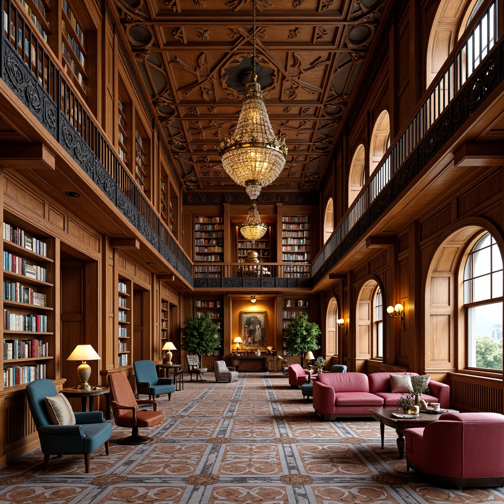 Prompt: Luxurious library interior, rich wooden bookshelves, ornate metal railings, intricate geometric patterns, lavish velvet armchairs, sculpted bronze lamps, curved wooden desks, tufted leather sofas, elegant marble floors, grand chandeliers, majestic archways, vibrant Art Deco motifs, bold colorful accents, sophisticated reading areas, cozy nooks, dramatic ceiling fixtures, warm golden lighting, shallow depth of field, 1/2 composition, realistic textures, ambient occlusion.