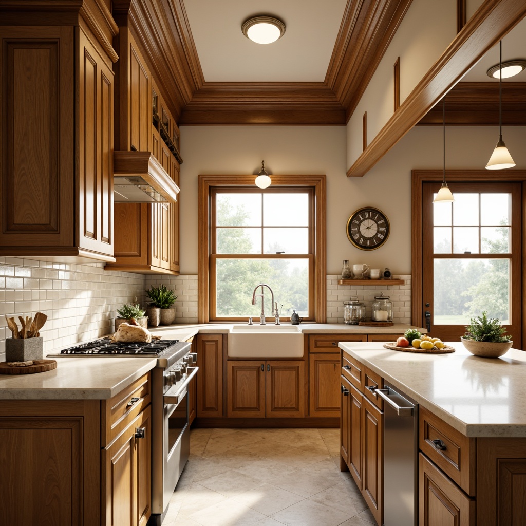 Prompt: Timeless traditional kitchen, warm beige cabinets, ornate wooden trim, elegant crown molding, classic subway tiles, creamy white marble countertops, polished chrome faucets, soft warm lighting, shallow depth of field, 1/1 composition, realistic textures, ambient occlusion.