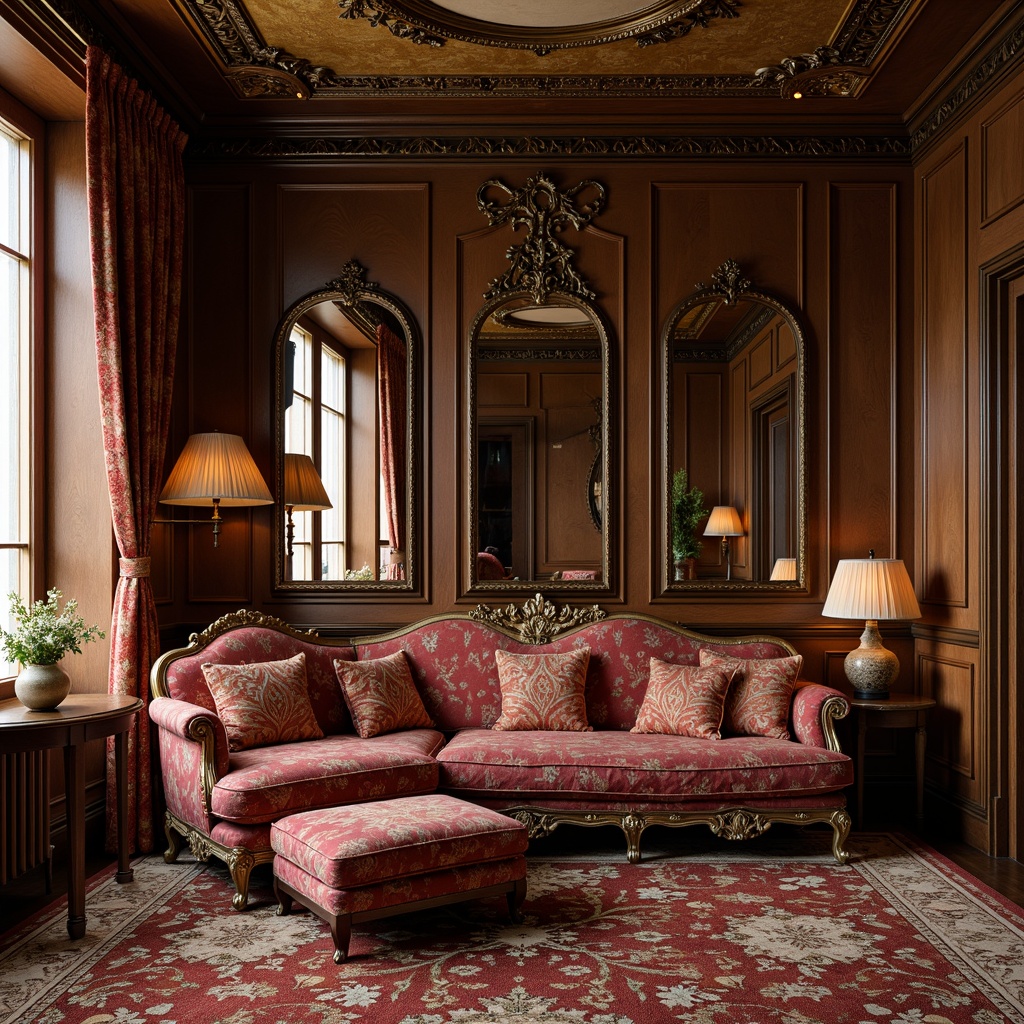 Prompt: Luxurious velvet fabrics, intricate floral patterns, sinuous organic lines, ornate metalwork, subtle Art Nouveau motifs, lavish drapery, richly upholstered furniture, curved wooden accents, ornamental mirrors, subtle color palette, warm golden lighting, soft focus, shallow depth of field, 1/1 composition, intimate atmosphere, elegant proportions, refined textures, delicate embroidery.