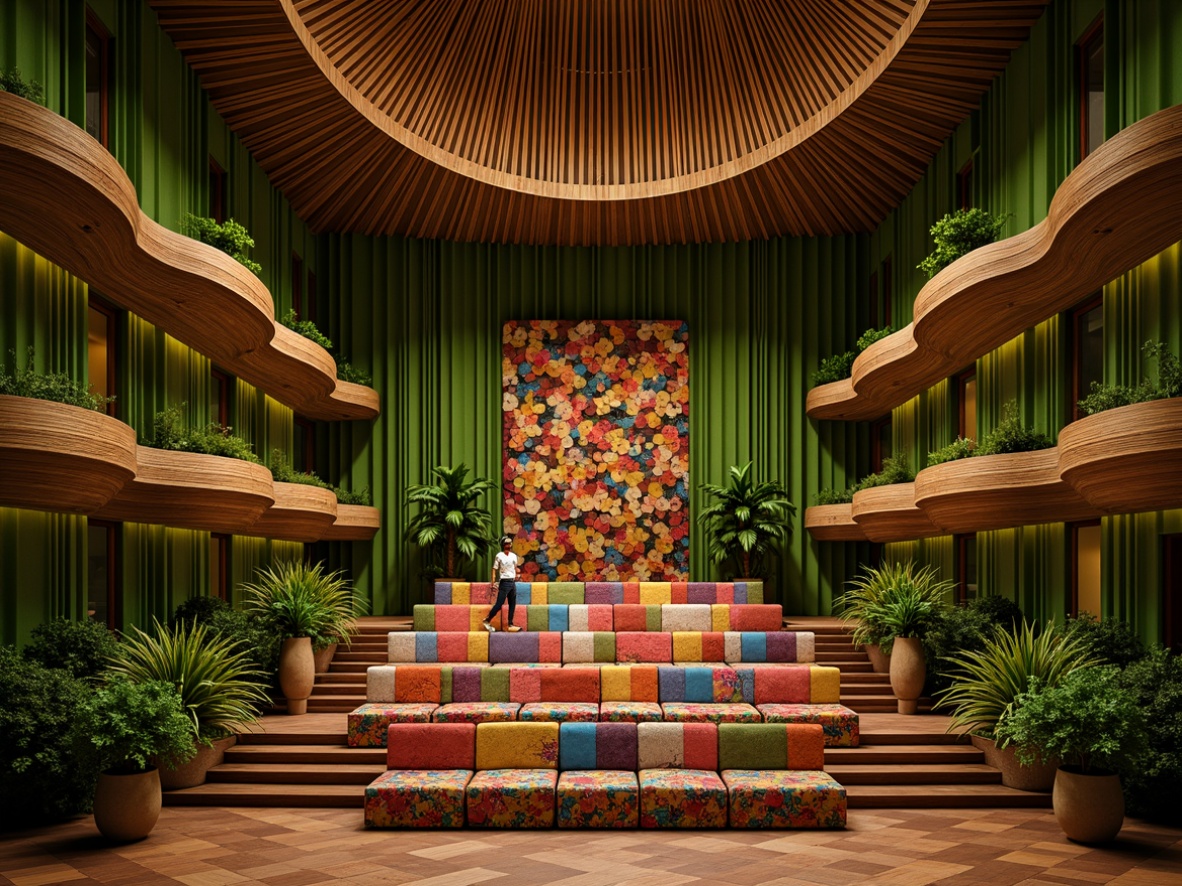 Prompt: Tropical theater interior, lush green walls, wooden accents, vibrant colorful textiles, exotic patterns, curved lines, natural materials, sound-absorbing acoustic panels, hexagonal shapes, geometric patterns, warm ambient lighting, soft cushioned seating, intimate setting, realistic wood grains, detailed fabric textures, shallow depth of field, 1/2 composition, warm color tone, cozy atmosphere.