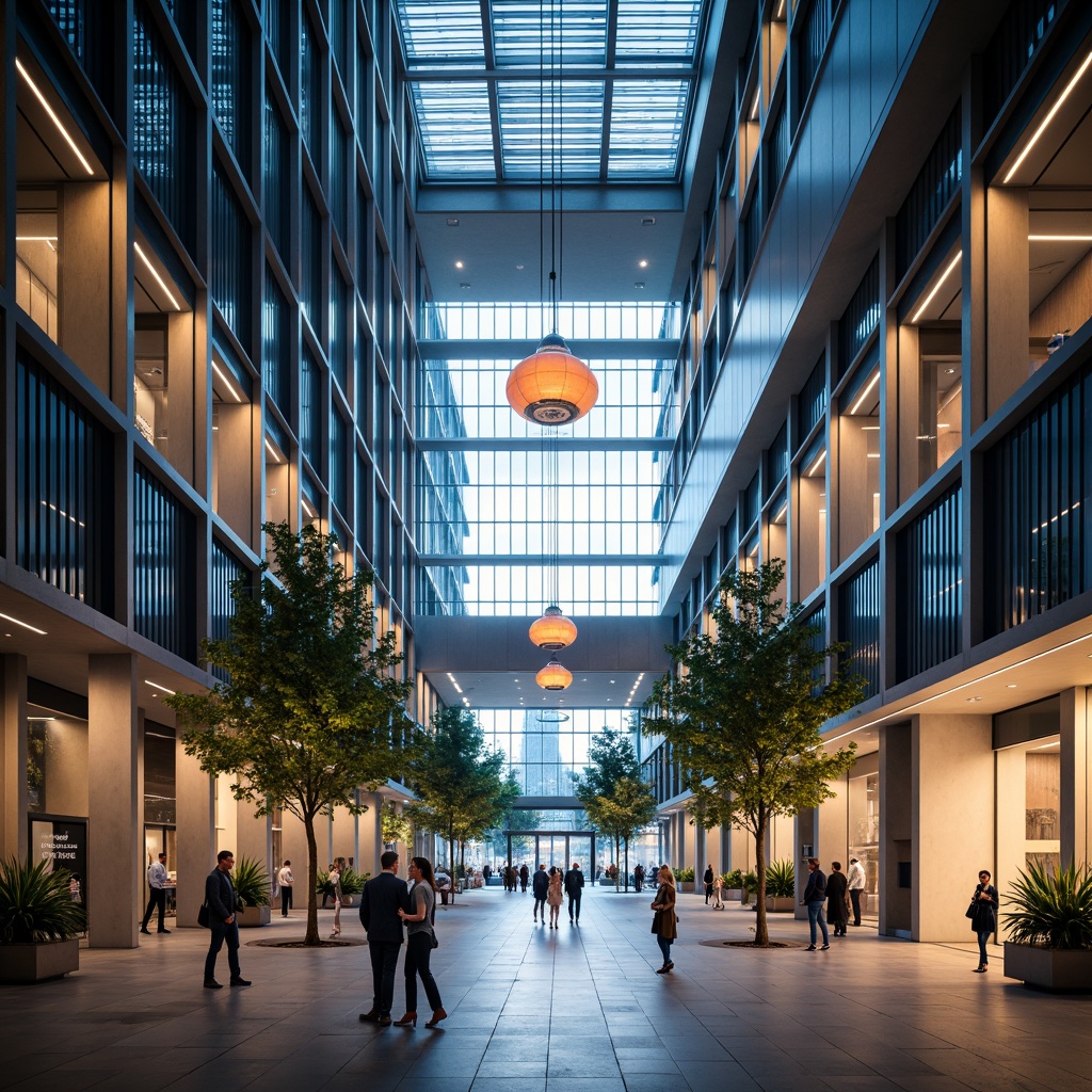 Prompt: Modern public administration building, sleek glass fa\u00e7ade, minimal ornamentation, energy-efficient LED lighting, bright open atrium, natural daylight harvesting, warm ambient glow, soft indirect illumination, elegant pendant lamps, futuristic ceiling fixtures, polished metal accents, high-contrast color scheme, dramatic spotlights, subtle gradient effects, 1/1 composition, shallow depth of field, realistic reflections, ambient occlusion.