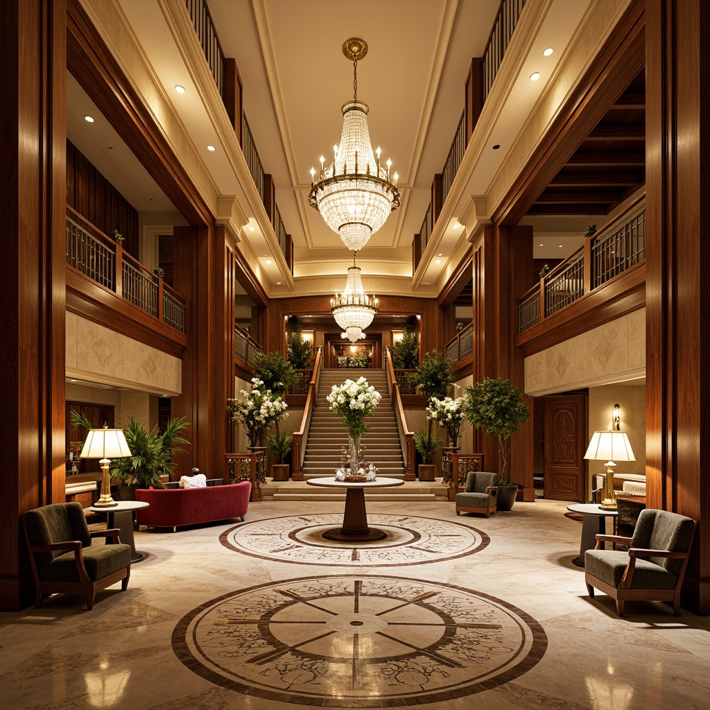 Prompt: Luxurious hotel lobby, grand staircase, ornate chandeliers, polished marble floors, intricate mosaic patterns, elegant wood paneling, neoclassical columns, carved wooden furniture, velvet drapes, crystal fixtures, warm golden lighting, shallow depth of field, 1/1 composition, symmetrical architecture, ornate moldings, subtle gradient textures, ambient occlusion.