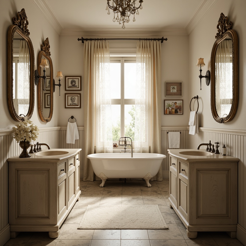 Prompt: Vintage-inspired bathroom, distressed finishes, soft pastel hues, ornate mirrors, porcelain sinks, rustic wooden cabinets, delicate metal fixtures, lace curtains, floral patterns, subtle lighting, warm beige tones, elegant clawfoot tubs, natural stone flooring, soft romantic ambiance, 3/4 composition, shallow depth of field, realistic textures, ambient occlusion.