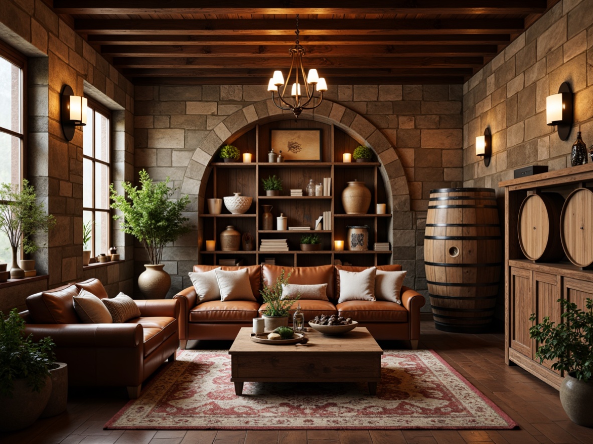 Prompt: Rustic winery interior, classic wooden barrels, vintage wine-making equipment, distressed stone walls, earthy tone color palette, rich leather sofas, reclaimed wood coffee tables, ornate metal chandeliers, dim warm lighting, comfortable plush armchairs, natural fiber rugs, elegant wooden wine cabinets, antique wine-themed decor, soft warm ambiance, 1/1 composition, shallow depth of field, realistic textures, ambient occlusion.