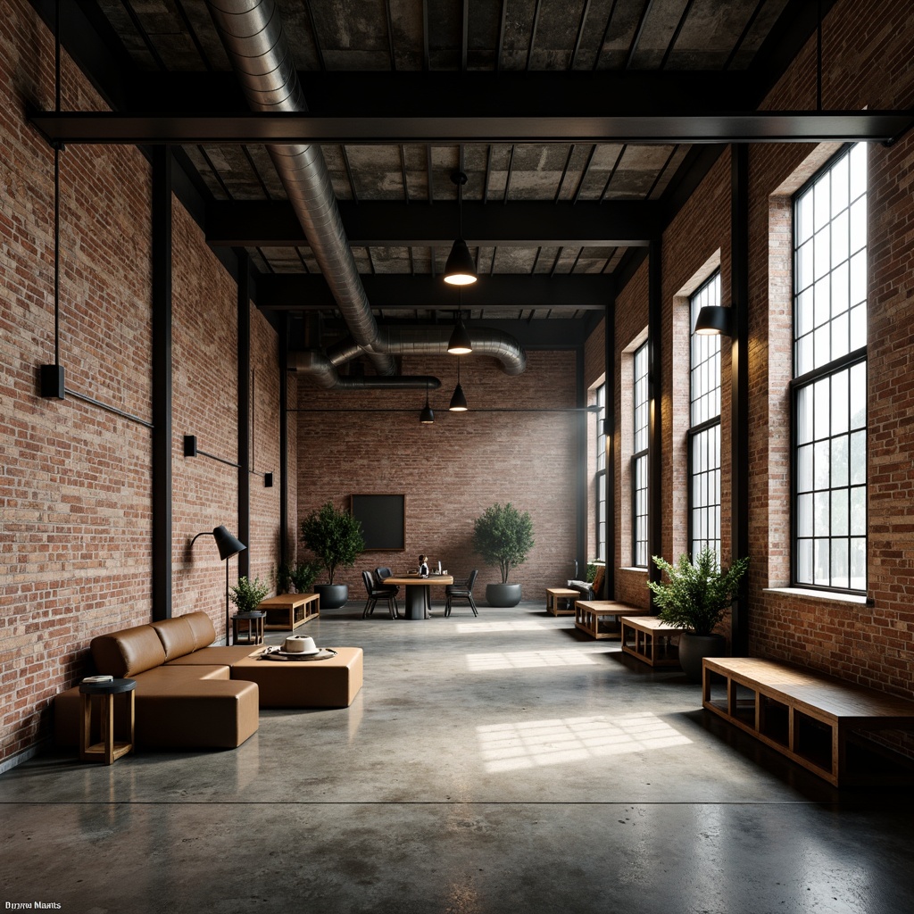 Prompt: Exposed brick walls, metal beams, polished concrete floors, reclaimed wood accents, industrial-chic furniture, Edison bulbs, metal frame windows, urban loft atmosphere, distressed finishes, functional decor, utilitarian aesthetic, exposed ductwork, rough-hewn stone features, minimalist color palette, high ceilings, atmospheric lighting, moody shadows, 1-point perspective composition, cinematic mood, gritty realistic textures.