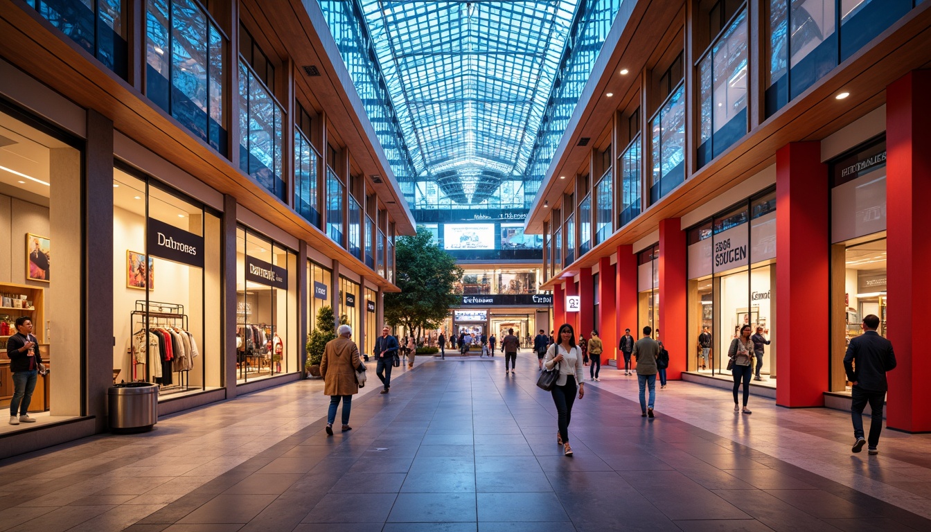 Prompt: Vibrant shopping center, modern architecture, sleek glass facades, neon signage, bustling atmosphere, natural stone flooring, polished metal accents, warm beige walls, bold red pillars, bright LED lighting, shallow depth of field, 1/2 composition, dynamic camera angles, realistic reflections, ambient occlusion.