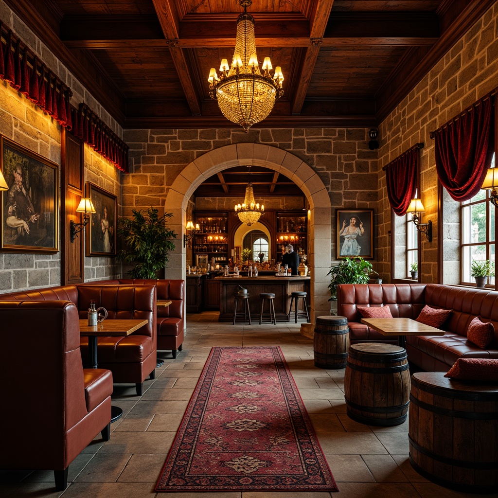 Prompt: Luxurious pub interior, rich wood tones, ornate carvings, velvet drapes, rustic stone walls, medieval-inspired chandeliers, plush armchairs, tufted sofas, wooden barrel tables, metal stud accents, warm golden lighting, cozy nooks, intimate corners, vintage decorative items, Renaissance-era artifacts, classic oil paintings, distressed leather upholstery, modern minimalist lines, sleek metal frames, ambient softbox lighting, 1/1 composition, realistic wood textures, subtle depth of field.