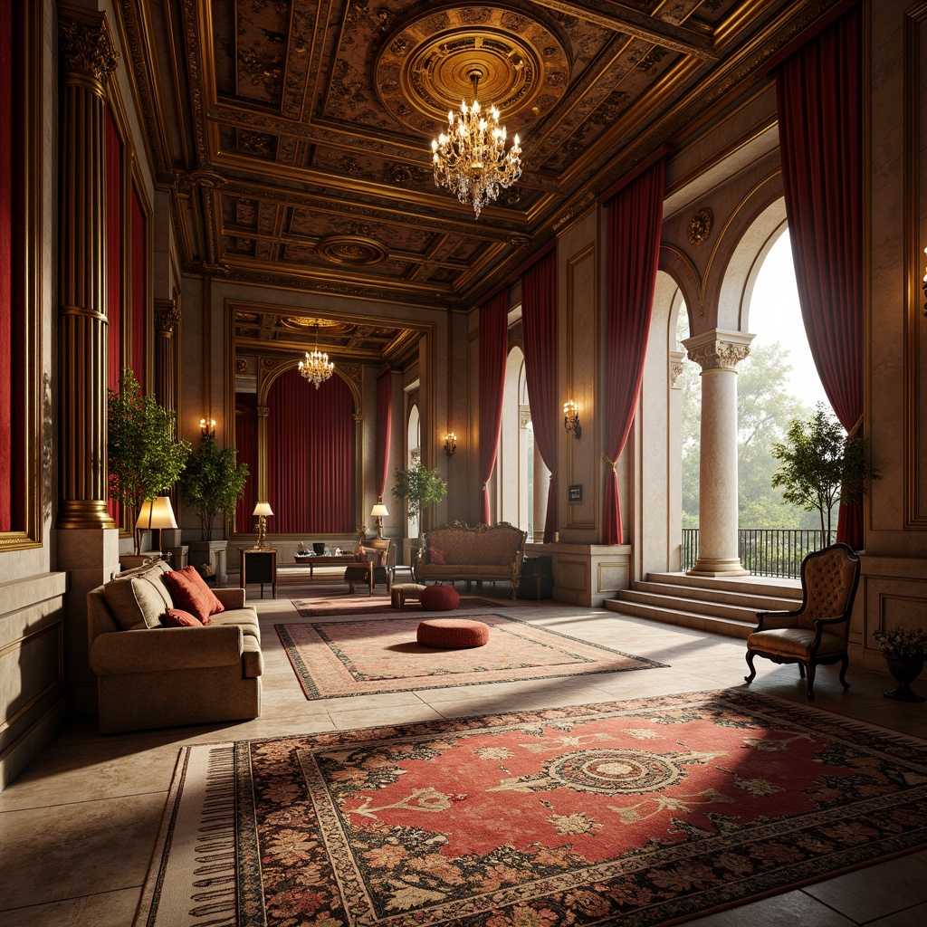 Prompt: Intricate wooden carvings, ornate gilded details, luxurious velvet fabrics, richly patterned rugs, grandiose chandeliers, sweeping drapery, opulent marble floors, lavish furnishings, majestic stone columns, dramatic archways, warm golden lighting, soft focus, 1/1 composition, intimate atmosphere, realistic textures, subtle ambient occlusion.