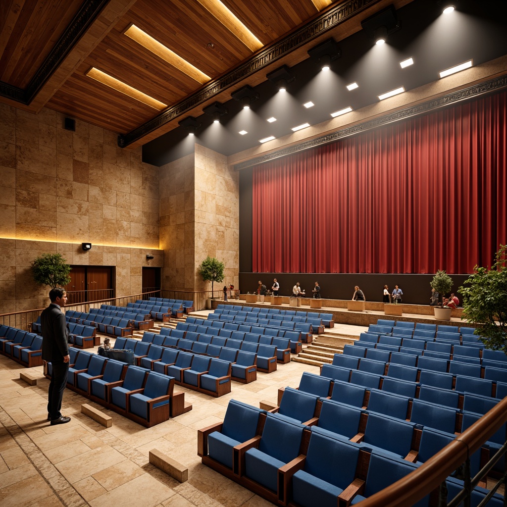 Prompt: Vibrant amphitheater interior, warm beige stone walls, rich walnut wood accents, comfortable plush seating, soft golden lighting, gradient blue upholstery, deep crimson curtains, metallic silver railings, polished marble floors, atmospheric misting system, dramatic spotlights, 3/4 composition, cinematic color grading, realistic textures, ambient occlusion.