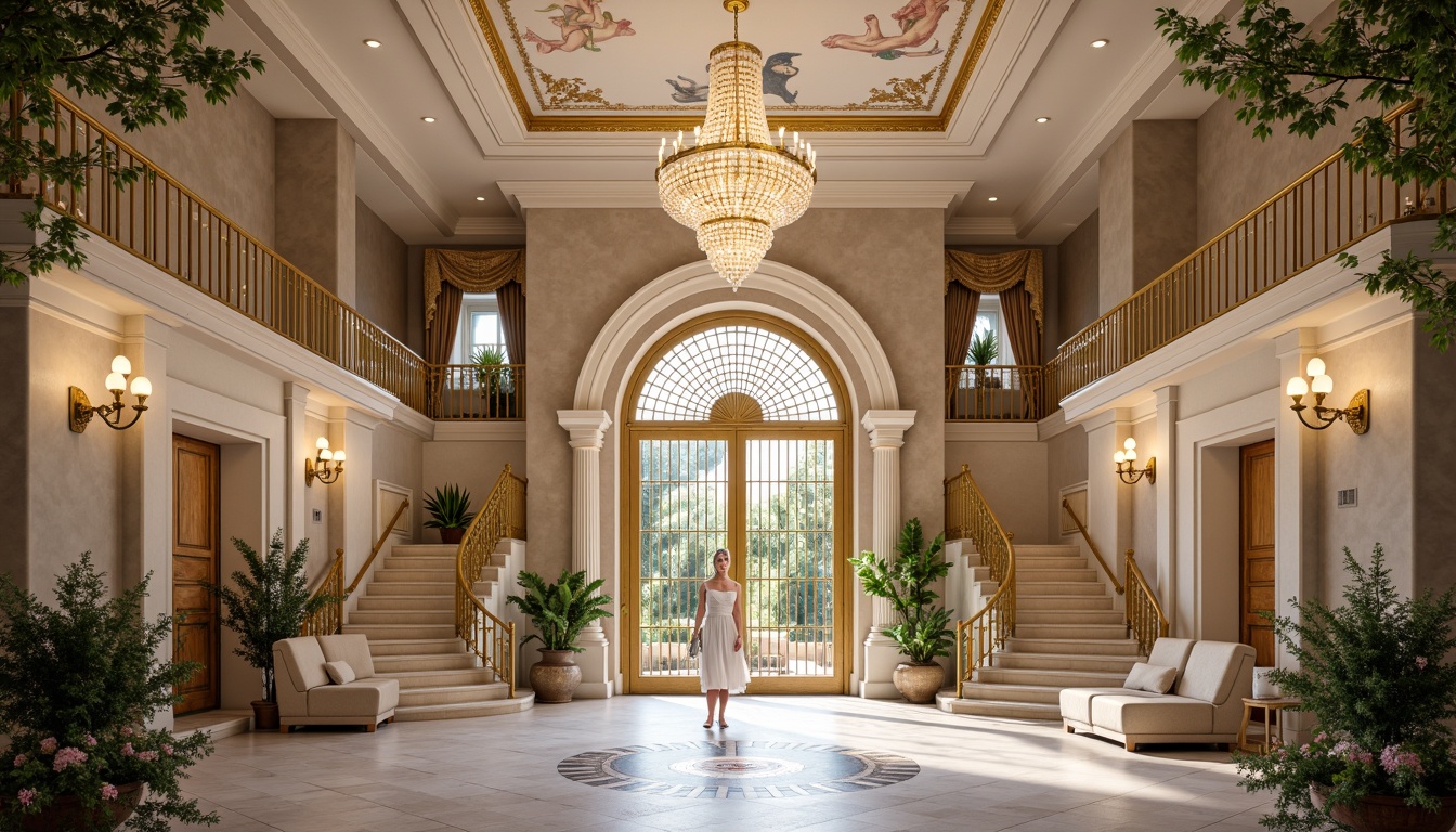 Prompt: \Opulent hospital entrance, ornate golden gates, intricate stonework, grandiose staircases, lavish chandeliers, delicate frescoes, pastel color palette, soft warm lighting, shallow depth of field, 3/4 composition, realistic textures, ambient occlusion, Rococo-inspired architecture, curved lines, shell motifs, acanthus leaf patterns, gilded accents, marble floors, plush furnishings, elegant waiting areas, serene gardens, tranquil water features.\