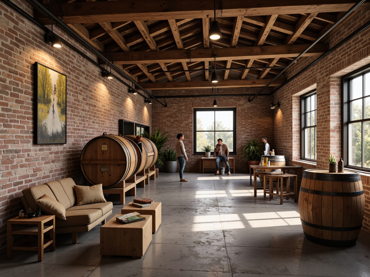 Prompt: Rustic winery interior, reclaimed wood accents, metal beams, exposed brick walls, vintage industrial lighting, wooden barrels, steel fermentation tanks, modern minimalist decor, earthy color palette, natural stone floors, urban loft ambiance, distressed textures, abstract artwork, eclectic furnishings, warm ambient lighting, 1/2 composition, shallow depth of field, realistic reflections.