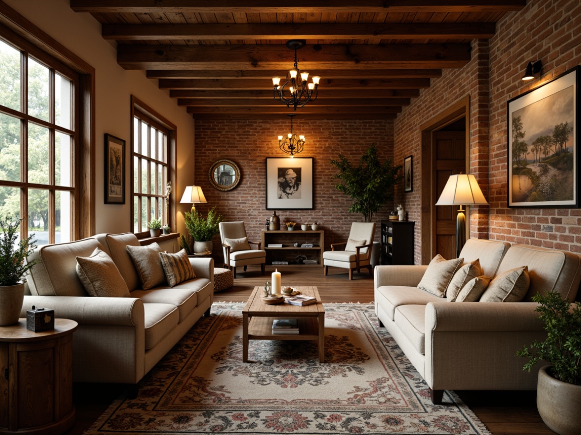 Prompt: Rustic farmhouse interior, warm wooden accents, vintage decor, cozy nooks, soft warm lighting, pendant lamps, metal chandeliers, candles, natural textiles, earthy color palette, reclaimed wood furniture, exposed brick walls, rustic metal beams, cozy reading areas, plush throw blankets, comfortable sofas, warm beige tones, inviting atmosphere, dramatic shadows, layered lighting, warm color temperature, relaxed ambiance, softbox lighting, 1/1 composition, realistic textures.