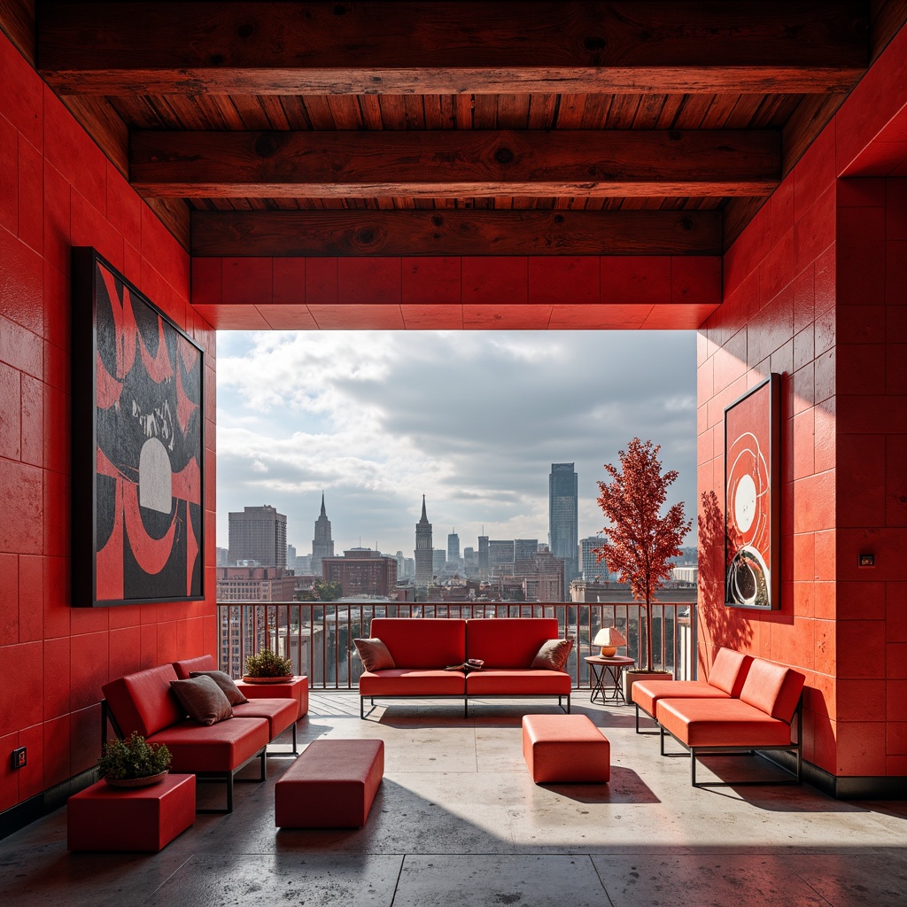 Prompt: Vibrant red accents, bold geometric shapes, modernist architecture, industrial materials, exposed brick walls, metal beams, concrete floors, minimalist decor, functional furniture, rectangular forms, primary color scheme, avant-garde style, abstract art pieces, urban cityscape, cloudy sky, dramatic lighting, low-angle shot, 1/1 composition, high contrast ratio, graphic textures, stylized reflections.