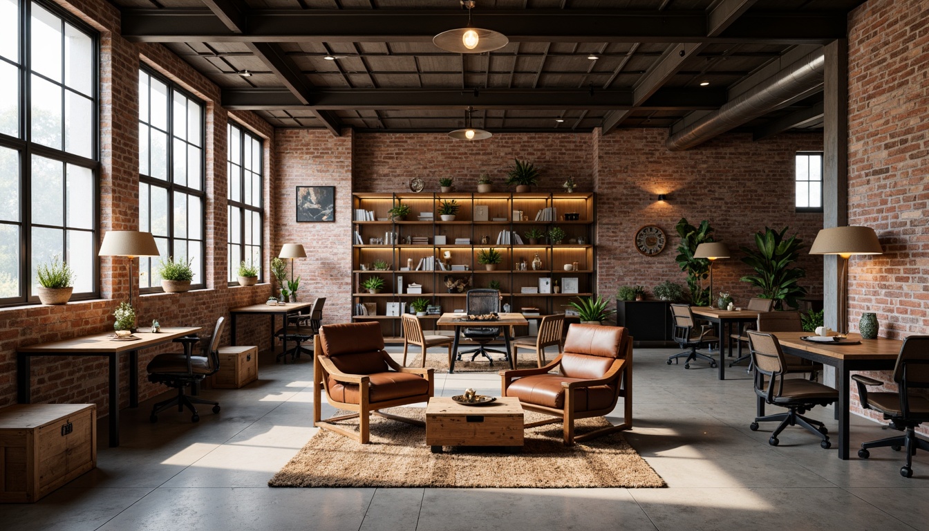 Prompt: Exposed brick walls, reclaimed wood shelves, metal beam ceiling, vintage industrial lighting, distressed leather armchairs, wooden crates, steel tables, ergonomic task chairs, minimalist bookcases, Edison bulb lamps, urban loft atmosphere, natural stone flooring, concrete columns, metal stud partitions, industrial-style decor, functional minimalist aesthetic, warm color palette, soft box lighting, shallow depth of field, 2/3 composition, realistic textures, ambient occlusion.